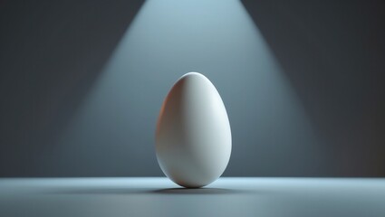 Single white egg under dramatic spotlight on dark background, symbolizing simplicity and potential