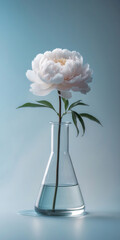 White peony flower in a glass flask with water on a light blue background