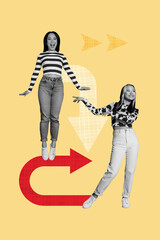 Vertical art 3d creative image collage of two happy business partners dance arrow development teamwork aim achievement progress