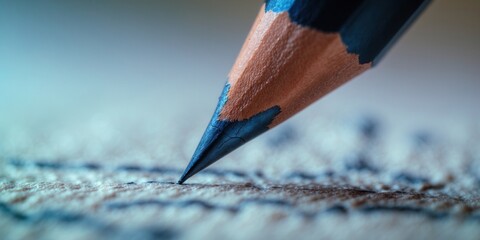 Close-up of a sharpened pencil tip writing on textured paper in soft blue lighting