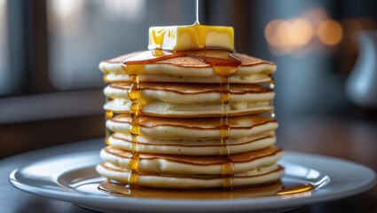 Stack of fluffy pancakes topped with butter and drizzled with golden syrup on a white plate
