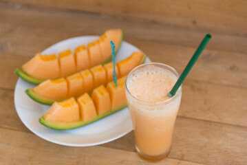 Milk melon Smoothie in glass with Roast bread