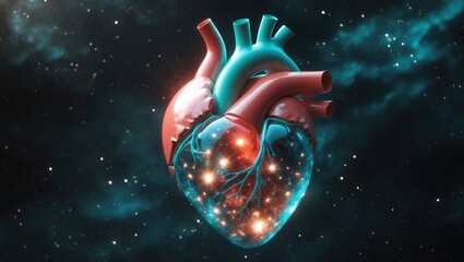 Futuristic glowing human heart with cosmic elements in outer space, symbolizing science and innovation