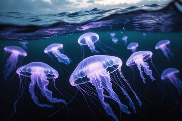 Glowing jellyfish swimming underwater in the ocean at dusk with a serene and mysterious atmosphere