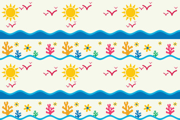 Tropical Summer Seamless Pattern with Sun, Waves, and Coral. Seamless summer pattern with sun, waves, flying birds, and coral reef. Perfect for beach products, kids’ clothing, and wrapping paper.