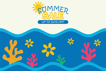 Summer Sale Background with Coral and Flowers. Bright summer sale background with colorful coral and flower elements under the sea. Perfect for seasonal promo, flyer, or banner design.