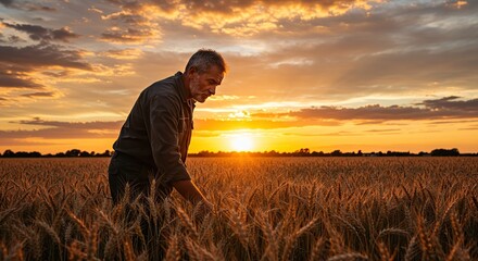 A Farmer Inspecting the Wheat Field At Sunset Agriculture Farming Harvest Cultivation Growth Outdoors Golden Hour