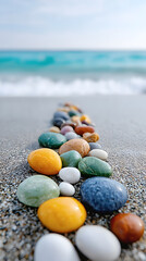 Colorful pebbles arranged on sandy beach with gentle waves in the background, creating a serene coastal atmosphere and inviting tranquility. Selective focus