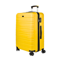 A vibrant yellow suitcase, ready for travel, isolated on white