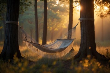 Hammock tied between two trees in a serene forest at sunrise with soft golden light filtering through the trees