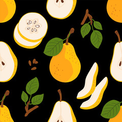 Seamless pattern with cartoon yellow pears in modern flat style. Fruit background. Vector printing for fabric and wallpaper. Cute fruits on a black background