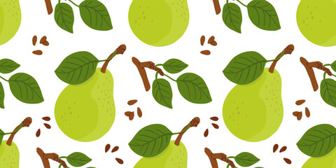 Seamless pattern with cartoon green pears in modern flat style. Fruit background. Vector printing for fabric and wallpaper. Cute fruits on a white background