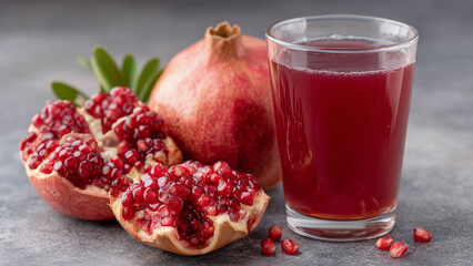 A glass of rich red pomegranate juice stands in focus, with a whole pomegranate and scattered opened seeds in the background, highlighting freshness, nutrition, and natural fruit goodness.
