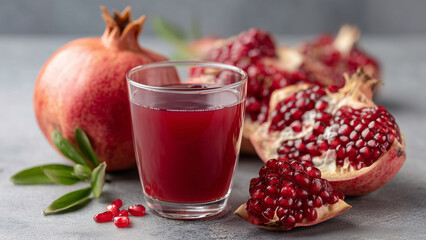 A glass of rich red pomegranate juice stands in focus, with a whole pomegranate and scattered opened seeds in the background, highlighting freshness, nutrition, and natural fruit goodness.