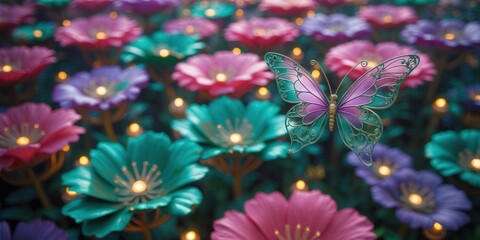Vibrant butterfly with intricate wings hovering over colorful glowing flowers at night