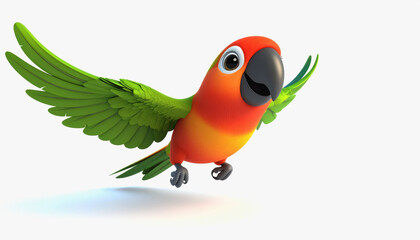 Stunning 3d flying parrot with wings spread displayed in full body isolated on a clean bright white background