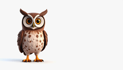 Naklejka premium Cute 3d forest owl character displaying full body isolated on a bright white background for creative use