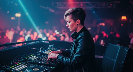 Female DJ in Nightclub Mixing Music with Turntable and Headphones at Vibrant Party Atmosphere Full of People