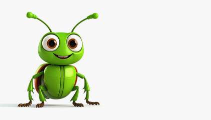 Adorable green jungle beetle with large eyes captured in full body display on a bright white background
