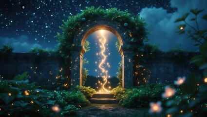 Magical glowing portal in a stone arch surrounded by lush greenery and sparkling lights at night