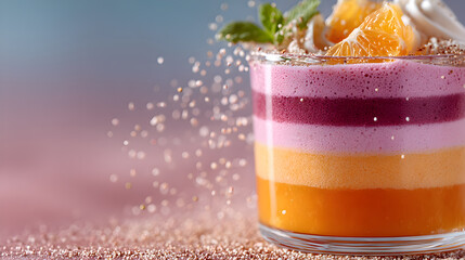 Colorful layered dessert in a glass cup, featuring vibrant hues of orange, pink, and purple, garnished with mint leaves and orange slices, showcasing culinary artistry. Selective focus