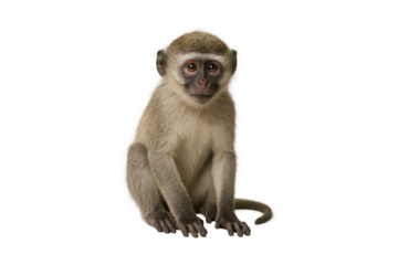 Cute young vervet monkey sitting calmly on white isolated background, adorable wildlife animal portrait, perfect for educational and nature projects