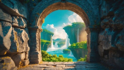 Scenic view of waterfalls and lush greenery through ancient stone archway under a bright blue sky