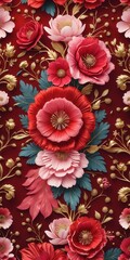 Elegant floral pattern with red and pink flowers, golden accents, and green leaves on a deep red background