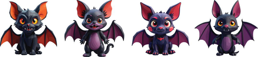 Cut out set of vector Halloween Bat Plush Toy Isolated on Transparent White Background.