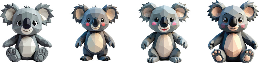 Cut out set of vector Koala Bear Stuffed Toy Isolated on Transparent White Background.