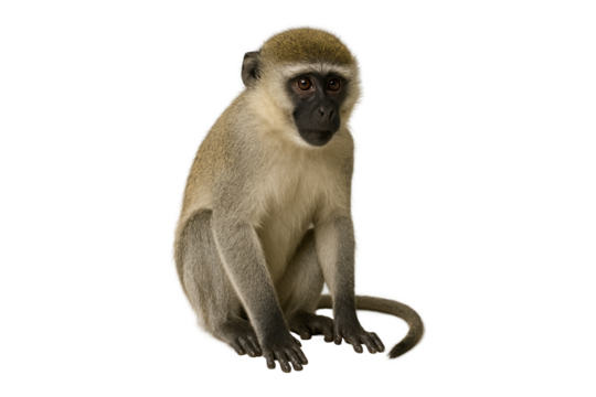 Vervet monkey sitting and looking curious, African wildlife animal isolated on white background, close-up of wild primate for nature and safari themes