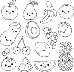 Cute Kawaii Fruits and Vegetables Coloring Page: Adorable Line Art for Kids and Adults.