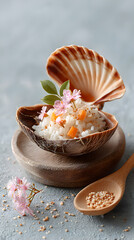 Rice dish presented in a scallop shell garnished with delicate flowers and leaves on a wooden plate, showcasing culinary artistry and elegance. Selective focus