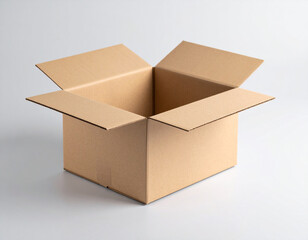 A simple, clean cardboard box with its lid open, photographed on a plain neutral background