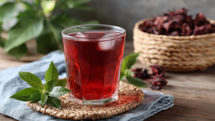 A glass of vibrant roselle (hibiscus) drink is set against a backdrop of fresh roselle calyces or dried petals. The deep red tones evoke refreshment, natural wellness, and herbal richness.