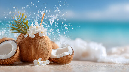 Fresh coconut drink with tropical flowers and splashes of water on sandy beach, showcasing refreshing summer vibes and relaxation atmosphere. Selective focus