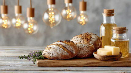 Freshly baked artisan bread loaves on wooden cutting board with butter and olive oil, surrounded by warm ambient lighting creating a cozy atmosphere. Selective focus