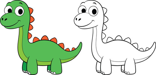 Cute cartoon dinosaurs illustration featuring a green colored dinosaur and a black and white outline companion