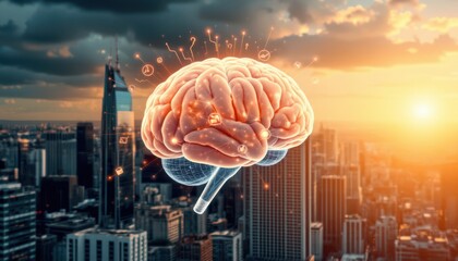a thoughtful hologram of a human brain set against the backdrop of a bustling cityscape, evoking ideas and creativity in the viewer.
