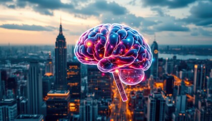 a thoughtful hologram of a human brain set against the backdrop of a bustling cityscape, evoking ideas and creativity in the viewer.