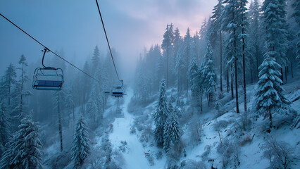 A ski lift quietly ascends through a serene, snow-covered forest shrouded in soft morning fog. The scene captures the calm beauty of winter and the quiet anticipation of a day on the slopes.
