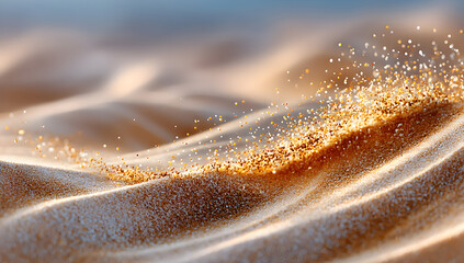 Close-up view of golden sand dunes with shimmering particles, showcasing the beauty of natural textures and the serene atmosphere of a desert landscape. Selective focus
