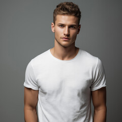 Obraz premium A handsome young man in a plain white t-shirt poses against a neutral gray background. His clean-cut look, toned build, and confident expression convey modern style and simplicity.