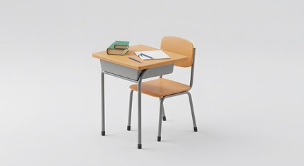 A single wooden school desk and chair with books, isolated on a clean background. A minimalist concept for education and learning.