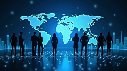 Silhouetted individuals stand before a world map backdrop symbolizing global business connection with a modern technology aesthetic. - Powered by Adobe