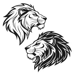 Obraz premium Black and White Lion Head Illustration with Fierce and Calm Expressions