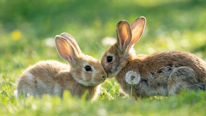 Fototapeta premium Adorable Pair of Rabbits Cuddling And Snuggling Nose to Nose on Grass Grass