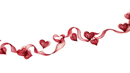 Flowing red ribbon adorned with heart shapes, set against a clean white background, ideal for romantic themes