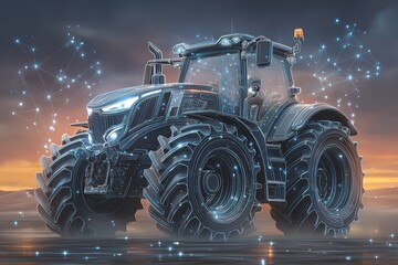 The concept of technology in agriculture is represented by a modern tractor in a field with a neural network