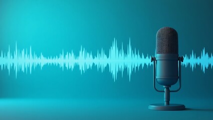Retro microphone with teal background and audio waveform